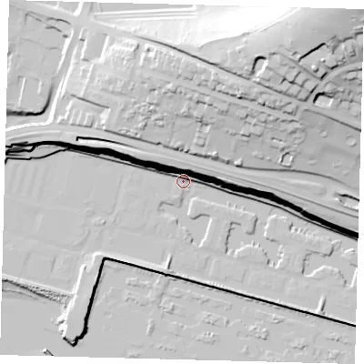 Shaded relief map of the ground around BN25UZ, computed from Environment Agency LiDAR. The ground here sits at about 2 m above sea level and falls 82 m across the surrounding 800 m. Surface water reaching this point runs off ground lying to the east-north-east, 33.3 m higher.