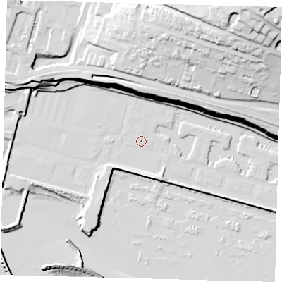 Shaded relief map of the ground around BN25WA, computed from Environment Agency LiDAR. The ground here sits at about 3 m above sea level and falls 74 m across the surrounding 800 m. Surface water reaching this point runs off ground lying to the north, 31.3 m higher.