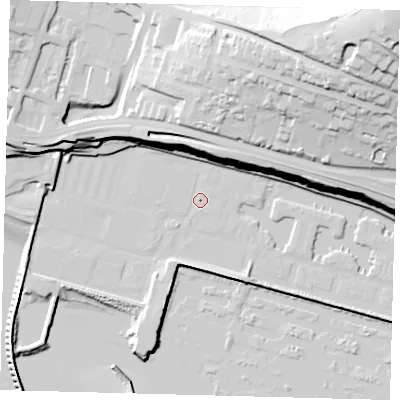 Shaded relief map of the ground around BN25WB, computed from Environment Agency LiDAR. The ground here sits at about 3 m above sea level and falls 77 m across the surrounding 800 m. Surface water reaching this point runs off ground lying to the north, 30.8 m higher.