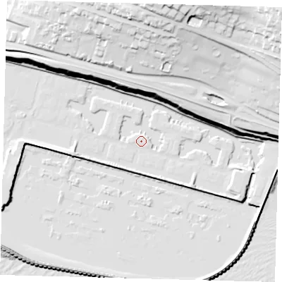 Shaded relief map of the ground around BN25WE, computed from Environment Agency LiDAR. The ground here sits at about 3 m above sea level and falls 69 m across the surrounding 800 m. Surface water reaching this point runs off ground lying to the east-north-east, 32.6 m higher.
