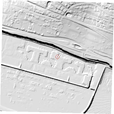 Shaded relief map of the ground around BN25XA, computed from Environment Agency LiDAR. The ground here sits at about 3 m above sea level and falls 78 m across the surrounding 800 m. Surface water reaching this point runs off ground lying to the north-north-east, 33.1 m higher.
