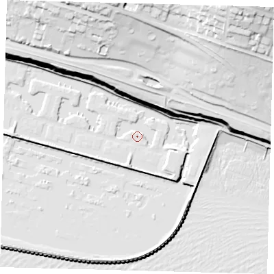 Shaded relief map of the ground around BN25XD, computed from Environment Agency LiDAR. The ground here sits at about 3 m above sea level and falls 70 m across the surrounding 800 m. Surface water reaching this point runs off ground lying to the south-east, 5.0 m higher.