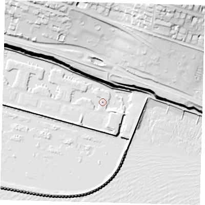 Shaded relief map of the ground around BN25XJ, computed from Environment Agency LiDAR. The ground here sits at about 3 m above sea level and falls 70 m across the surrounding 800 m. Surface water reaching this point runs off ground lying to the north-east, 24.5 m higher.