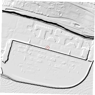 Shaded relief map of the ground around BN25XZ, computed from Environment Agency LiDAR. The ground here sits at about 2 m above sea level and falls 59 m across the surrounding 800 m. Surface water reaching this point runs off ground lying to the east-north-east, 32.6 m higher.