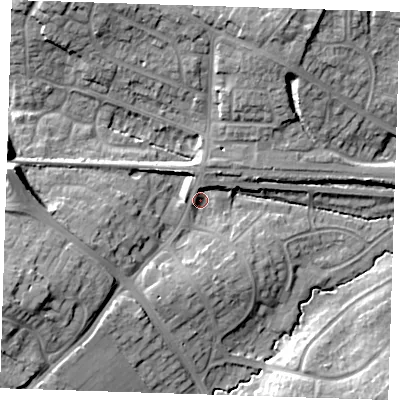 Shaded relief map of the ground around BN265AA, computed from Environment Agency LiDAR. The ground here sits at about 13 m above sea level and falls 17 m across the surrounding 800 m. Surface water reaching this point runs off ground lying to the west-south-west, 13.9 m higher.