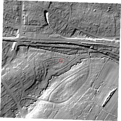 Shaded relief map of the ground around BN265AN, computed from Environment Agency LiDAR. The ground here sits at about 11 m above sea level and falls 15 m across the surrounding 800 m. Surface water reaching this point runs off ground lying to the west, 3.2 m higher.