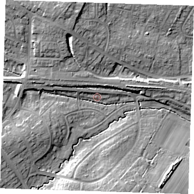 Shaded relief map of the ground around BN265AP, computed from Environment Agency LiDAR. The ground here sits at about 11 m above sea level and falls 16 m across the surrounding 800 m. Surface water reaching this point runs off ground lying to the west-south-west, 9.6 m higher.