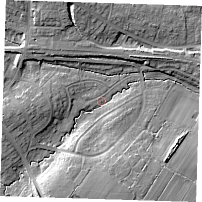 Shaded relief map of the ground around BN265AS, computed from Environment Agency LiDAR. The ground here sits at about 10 m above sea level and falls 14 m across the surrounding 800 m. Surface water reaching this point runs off ground lying to the south-south-west, 12.6 m higher.