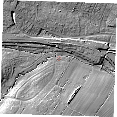 Shaded relief map of the ground around BN265AY, computed from Environment Agency LiDAR. The ground here sits at about 9 m above sea level and falls 16 m across the surrounding 800 m. Surface water reaching this point runs off ground lying to the south-south-west, 13.7 m higher.