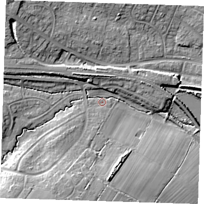 Shaded relief map of the ground around BN265AZ, computed from Environment Agency LiDAR. The ground here sits at about 9 m above sea level and falls 16 m across the surrounding 800 m. Surface water reaching this point runs off ground lying to the south-south-west, 13.7 m higher.