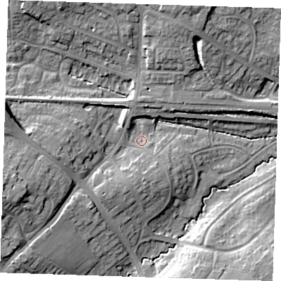 Shaded relief map of the ground around BN265BN, computed from Environment Agency LiDAR. The ground here sits at about 13 m above sea level and falls 17 m across the surrounding 800 m. Surface water reaching this point runs off ground lying to the south, 4.4 m higher.