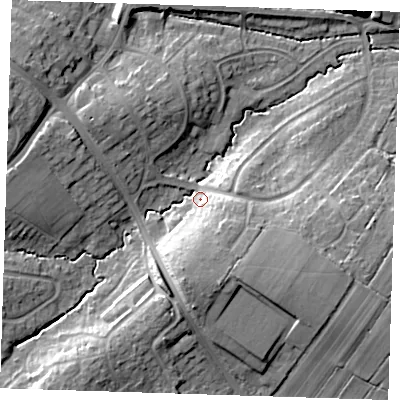 Shaded relief map of the ground around BN265DB, computed from Environment Agency LiDAR. The ground here sits at about 13 m above sea level and falls 14 m across the surrounding 800 m. Surface water reaching this point runs off ground lying to the south, 11.2 m higher.