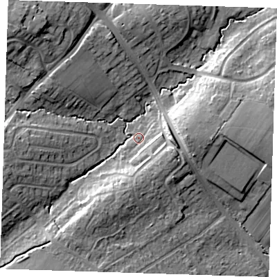 Shaded relief map of the ground around BN265DR, computed from Environment Agency LiDAR. The ground here sits at about 13 m above sea level and falls 17 m across the surrounding 800 m. Surface water reaching this point runs off ground lying to the west-south-west, 9.7 m higher.