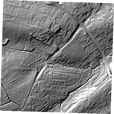 Shaded relief map of the ground around BN265EA, computed from Environment Agency LiDAR. The ground here sits at about 19 m above sea level and falls 17 m across the surrounding 800 m. Surface water reaching this point runs off ground lying to the north-east, 2.1 m higher.