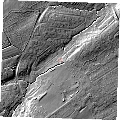 Shaded relief map of the ground around BN265LN, computed from Environment Agency LiDAR. The ground here sits at about 17 m above sea level and falls 17 m across the surrounding 800 m. Surface water reaching this point runs off ground lying to the east-south-east, 3.4 m higher.