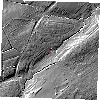 Shaded relief map of the ground around BN265LR, computed from Environment Agency LiDAR. The ground here sits at about 17 m above sea level and falls 16 m across the surrounding 800 m. Surface water reaching this point runs off ground lying to the west, 6.6 m higher.