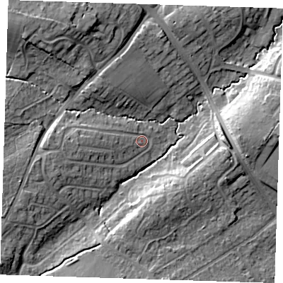 Shaded relief map of the ground around BN265LY, computed from Environment Agency LiDAR. The ground here sits at about 15 m above sea level and falls 17 m across the surrounding 800 m. Surface water reaching this point runs off ground lying to the west-south-west, 7.8 m higher.