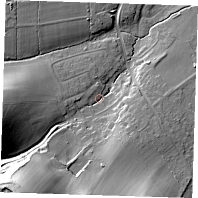 Shaded relief map of the ground around BN265NS, computed from Environment Agency LiDAR. The ground here sits at about 23 m above sea level and falls 52 m across the surrounding 800 m. Surface water reaching this point runs off ground lying to the south-west, 48.5 m higher.