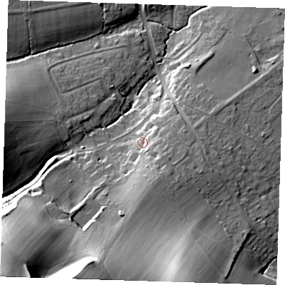 Shaded relief map of the ground around BN265NX, computed from Environment Agency LiDAR. The ground here sits at about 27 m above sea level and falls 62 m across the surrounding 800 m. Surface water reaching this point runs off ground lying to the south-south-east, 9.3 m higher.
