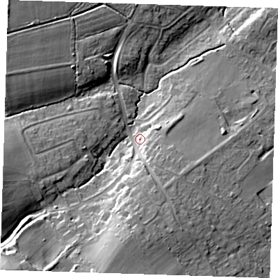 Shaded relief map of the ground around BN265PE, computed from Environment Agency LiDAR. The ground here sits at about 21 m above sea level and falls 27 m across the surrounding 800 m. Surface water reaching this point runs off ground lying to the south, 13.9 m higher.