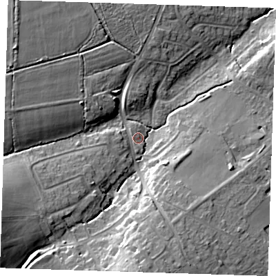 Shaded relief map of the ground around BN265PH, computed from Environment Agency LiDAR. The ground here sits at about 20 m above sea level and falls 22 m across the surrounding 800 m. Surface water reaching this point runs off ground lying to the south-west, 16.8 m higher.
