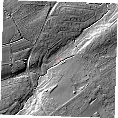 Shaded relief map of the ground around BN265PU, computed from Environment Agency LiDAR. The ground here sits at about 17 m above sea level and falls 18 m across the surrounding 800 m. Surface water reaching this point runs off ground lying to the south, 11.4 m higher.