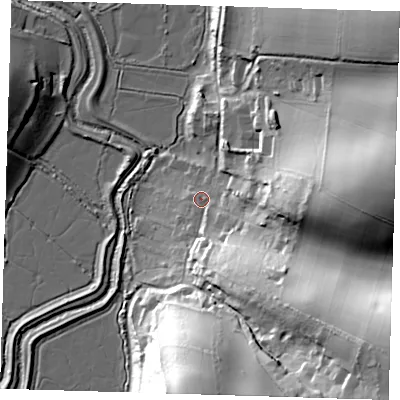 Shaded relief map of the ground around BN265RD, computed from Environment Agency LiDAR. The ground here sits at about 8 m above sea level and falls 56 m across the surrounding 800 m. Surface water reaching this point runs off ground lying to the south-east, 49.0 m higher.