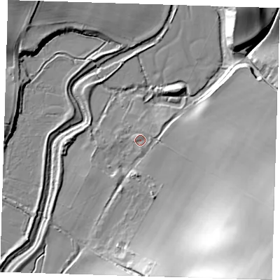 Shaded relief map of the ground around BN265RJ, computed from Environment Agency LiDAR. The ground here sits at about 7 m above sea level and falls 47 m across the surrounding 800 m. Surface water reaching this point runs off ground lying to the east, 1.6 m higher.