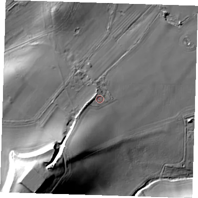 Shaded relief map of the ground around BN265SB, computed from Environment Agency LiDAR. The ground here sits at about 39 m above sea level and falls 53 m across the surrounding 800 m. Surface water reaching this point runs off ground lying to the west-south-west, 3.0 m higher.
