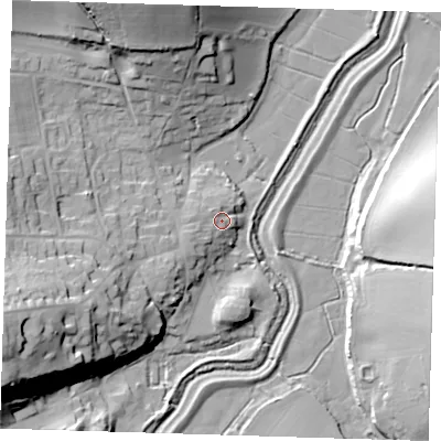 Shaded relief map of the ground around BN265SX, computed from Environment Agency LiDAR. The ground here sits at about 8 m above sea level and falls 35 m across the surrounding 800 m. Surface water reaching this point runs off ground lying to the west-south-west, 2.4 m higher.