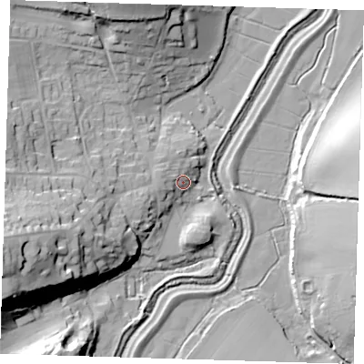 Shaded relief map of the ground around BN265TJ, computed from Environment Agency LiDAR. The ground here sits at about 7 m above sea level and falls 35 m across the surrounding 800 m. Surface water reaching this point runs off ground lying to the west-north-west, 4.4 m higher.