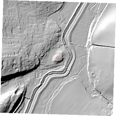 Shaded relief map of the ground around BN265TL, computed from Environment Agency LiDAR. The ground here sits at about 9 m above sea level and falls 33 m across the surrounding 800 m. Surface water reaching this point runs off ground lying to the east-south-east, 1.3 m higher.