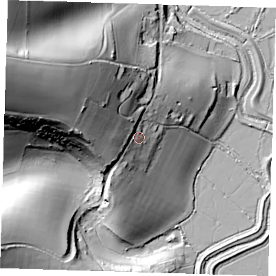 Shaded relief map of the ground around BN265TT, computed from Environment Agency LiDAR. The ground here sits at about 27 m above sea level and falls 75 m across the surrounding 800 m. Surface water reaching this point runs off ground lying to the west-north-west, 30.5 m higher.