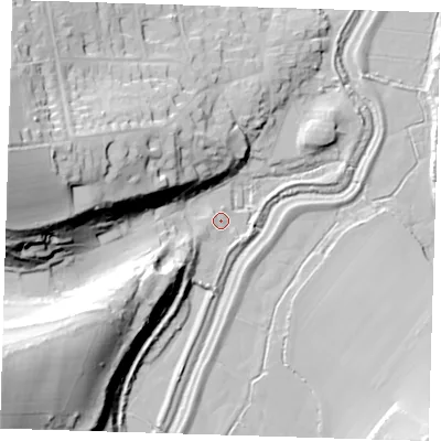 Shaded relief map of the ground around BN265TW, computed from Environment Agency LiDAR. The ground here sits at about 4 m above sea level and falls 50 m across the surrounding 800 m. Surface water reaching this point runs off ground lying to the south-west, 18.0 m higher.