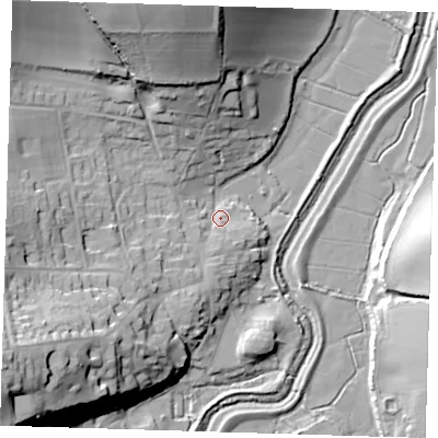 Shaded relief map of the ground around BN265UG, computed from Environment Agency LiDAR. The ground here sits at about 7 m above sea level and falls 39 m across the surrounding 800 m. Surface water reaching this point runs off ground lying to the west-south-west, 35.0 m higher.