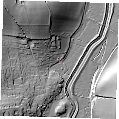Shaded relief map of the ground around BN265UQ, computed from Environment Agency LiDAR. The ground here sits at about 5 m above sea level and falls 38 m across the surrounding 800 m. Surface water reaching this point runs off ground lying to the north-west, 37.1 m higher.