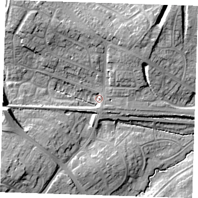 Shaded relief map of the ground around BN266AL, computed from Environment Agency LiDAR. The ground here sits at about 15 m above sea level and falls 17 m across the surrounding 800 m. Surface water reaching this point runs off ground lying to the east-north-east, 6.4 m higher.