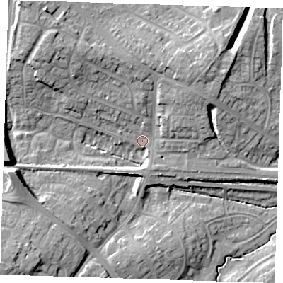 Shaded relief map of the ground around BN266BG, computed from Environment Agency LiDAR. The ground here sits at about 15 m above sea level and falls 17 m across the surrounding 800 m. Surface water reaching this point runs off ground lying to the west-south-west, 4.7 m higher.