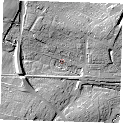 Shaded relief map of the ground around BN266BH, computed from Environment Agency LiDAR. The ground here sits at about 14 m above sea level and falls 19 m across the surrounding 800 m. Surface water reaching this point runs off ground lying to the west-south-west, 6.0 m higher.