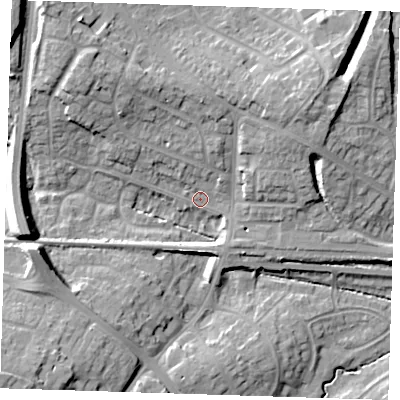 Shaded relief map of the ground around BN266BQ, computed from Environment Agency LiDAR. The ground here sits at about 15 m above sea level and falls 18 m across the surrounding 800 m. Surface water reaching this point runs off ground lying to the north-west, 14.5 m higher.
