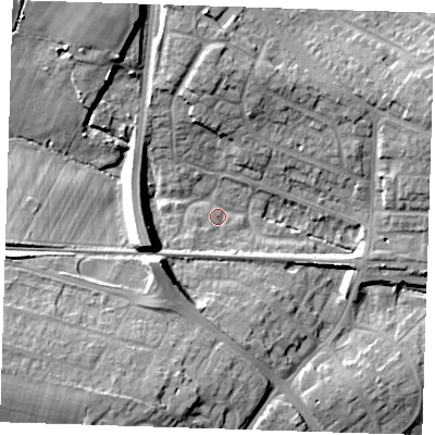 Shaded relief map of the ground around BN266DR, computed from Environment Agency LiDAR. The ground here sits at about 15 m above sea level and falls 18 m across the surrounding 800 m. Surface water reaching this point runs off ground lying to the west-south-west, 2.3 m higher.