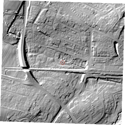 Shaded relief map of the ground around BN266DS, computed from Environment Agency LiDAR. The ground here sits at about 14 m above sea level and falls 18 m across the surrounding 800 m. Surface water reaching this point runs off ground lying to the west-south-west, 5.6 m higher.