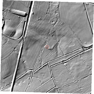 Shaded relief map of the ground around BN266QX, computed from Environment Agency LiDAR. The ground here sits at about 4 m above sea level and falls 14 m across the surrounding 800 m. Surface water reaching this point runs off ground lying to the north-west, 1.5 m higher.