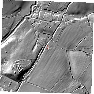 Shaded relief map of the ground around BN266RY, computed from Environment Agency LiDAR. The ground here sits at about 11 m above sea level and falls 18 m across the surrounding 800 m. Surface water reaching this point runs off ground lying to the south, 7.7 m higher.