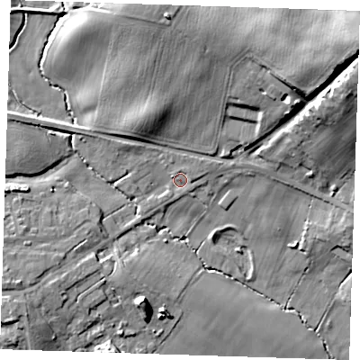 Shaded relief map of the ground around BN271PH, computed from Environment Agency LiDAR. The ground here sits at about 10 m above sea level and falls 29 m across the surrounding 800 m. Surface water reaching this point runs off ground lying to the north-east, 2.5 m higher.