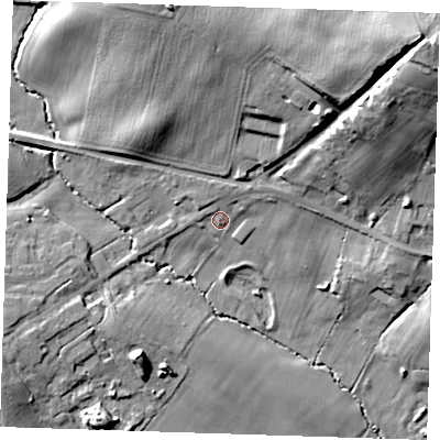 Shaded relief map of the ground around BN271PQ, computed from Environment Agency LiDAR. The ground here sits at about 9 m above sea level and falls 30 m across the surrounding 800 m. Surface water reaching this point runs off ground lying to the north-north-east, 2.1 m higher.