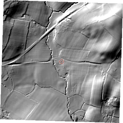 Shaded relief map of the ground around BN271QD, computed from Environment Agency LiDAR. The ground here sits at about 9 m above sea level and falls 37 m across the surrounding 800 m. Surface water reaching this point runs off ground lying to the north-east, 31.6 m higher.