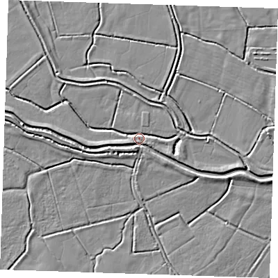 Shaded relief map of the ground around BN271QF, computed from Environment Agency LiDAR. The ground here sits at about 3 m above sea level and falls 3 m across the surrounding 800 m. Surface water reaching this point runs off ground lying to the west, 3.2 m higher.