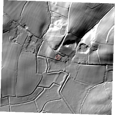 Shaded relief map of the ground around BN271QG, computed from Environment Agency LiDAR. The ground here sits at about 6 m above sea level and falls 29 m across the surrounding 800 m. Surface water reaching this point runs off ground lying to the north-north-east, 4.7 m higher.