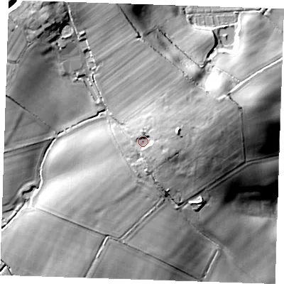 Shaded relief map of the ground around BN271SA, computed from Environment Agency LiDAR. The ground here sits at about 26 m above sea level and falls 33 m across the surrounding 800 m. Surface water reaching this point runs off ground lying to the east, 6.3 m higher.